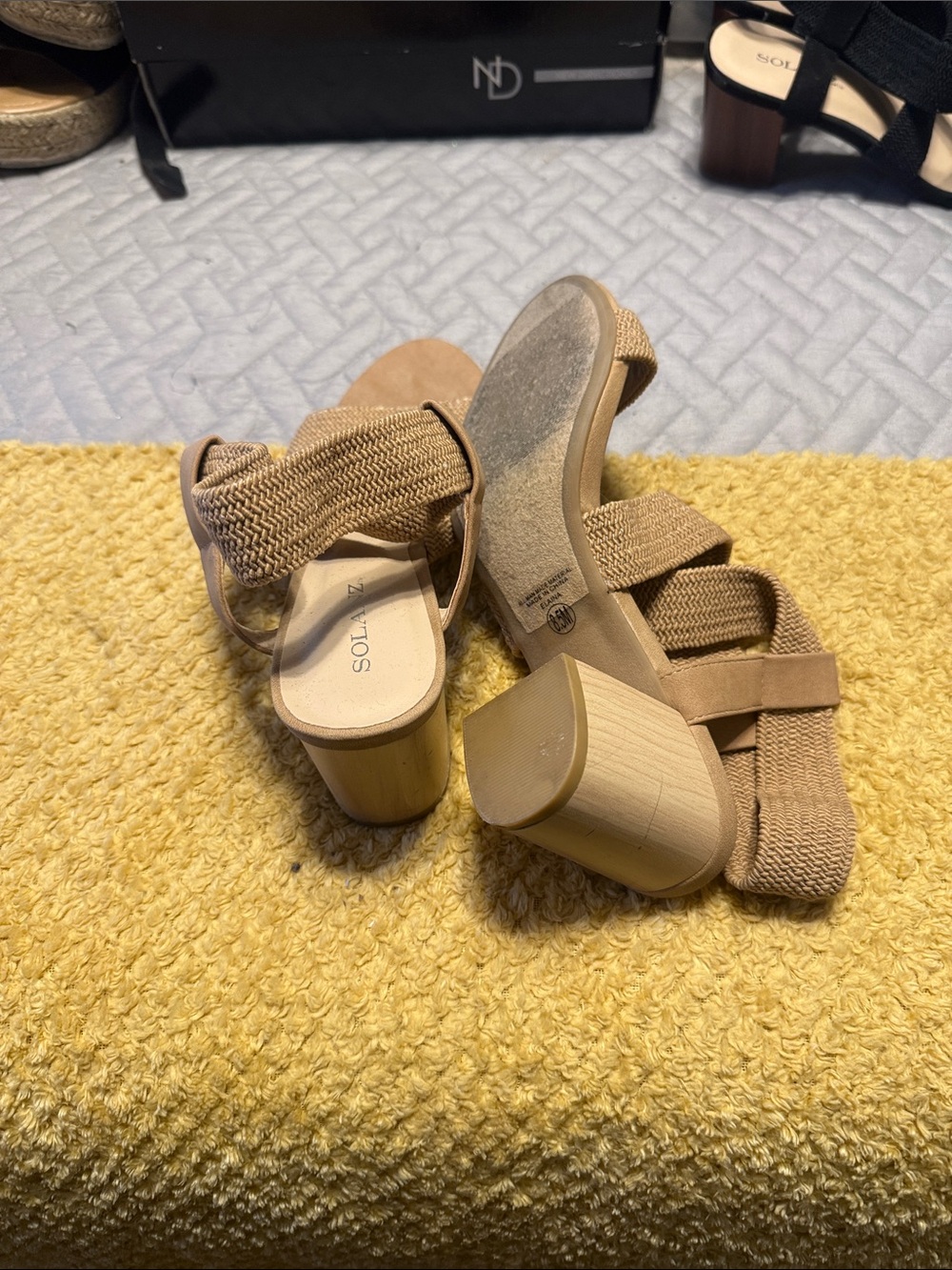 Soludos Beige Woven Elastic Strap Block Heel Sandals
